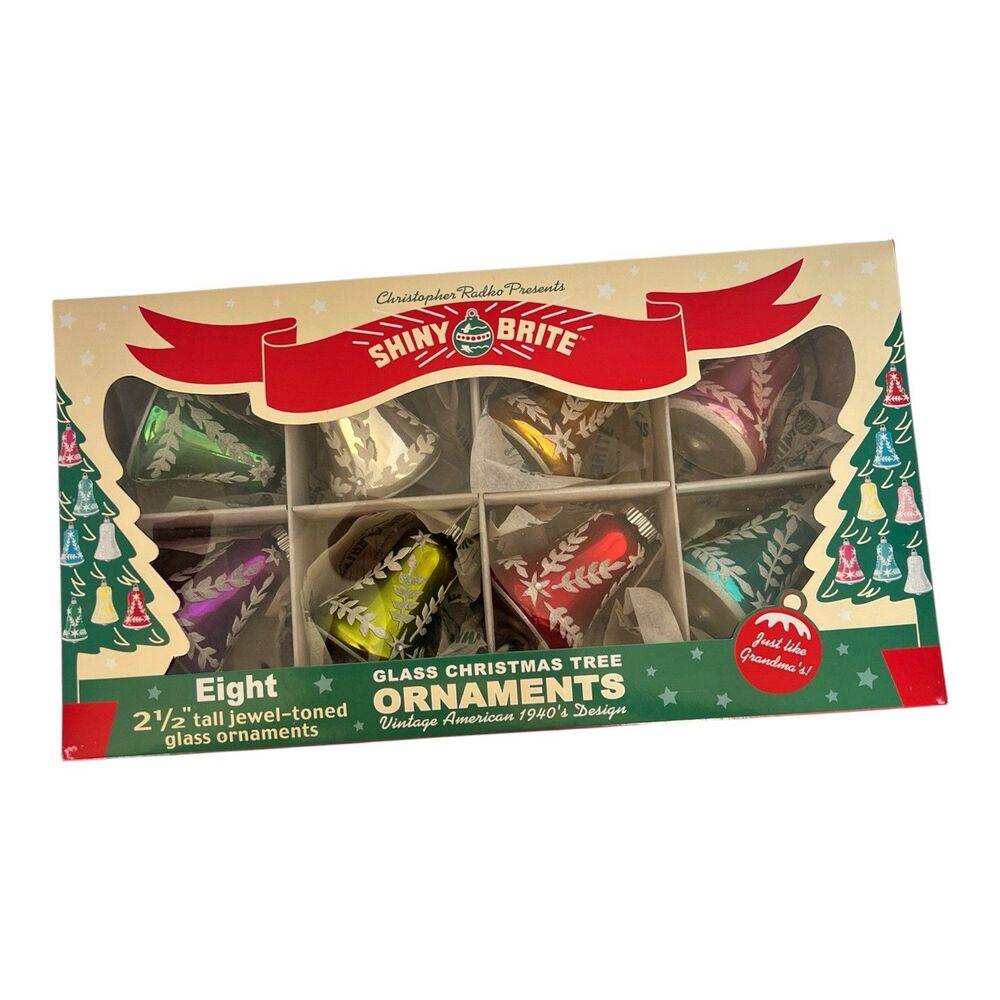 NEW Christopher Radko Shiny Brite Set 8 Glass Bell Ornaments 2.5" #4012650